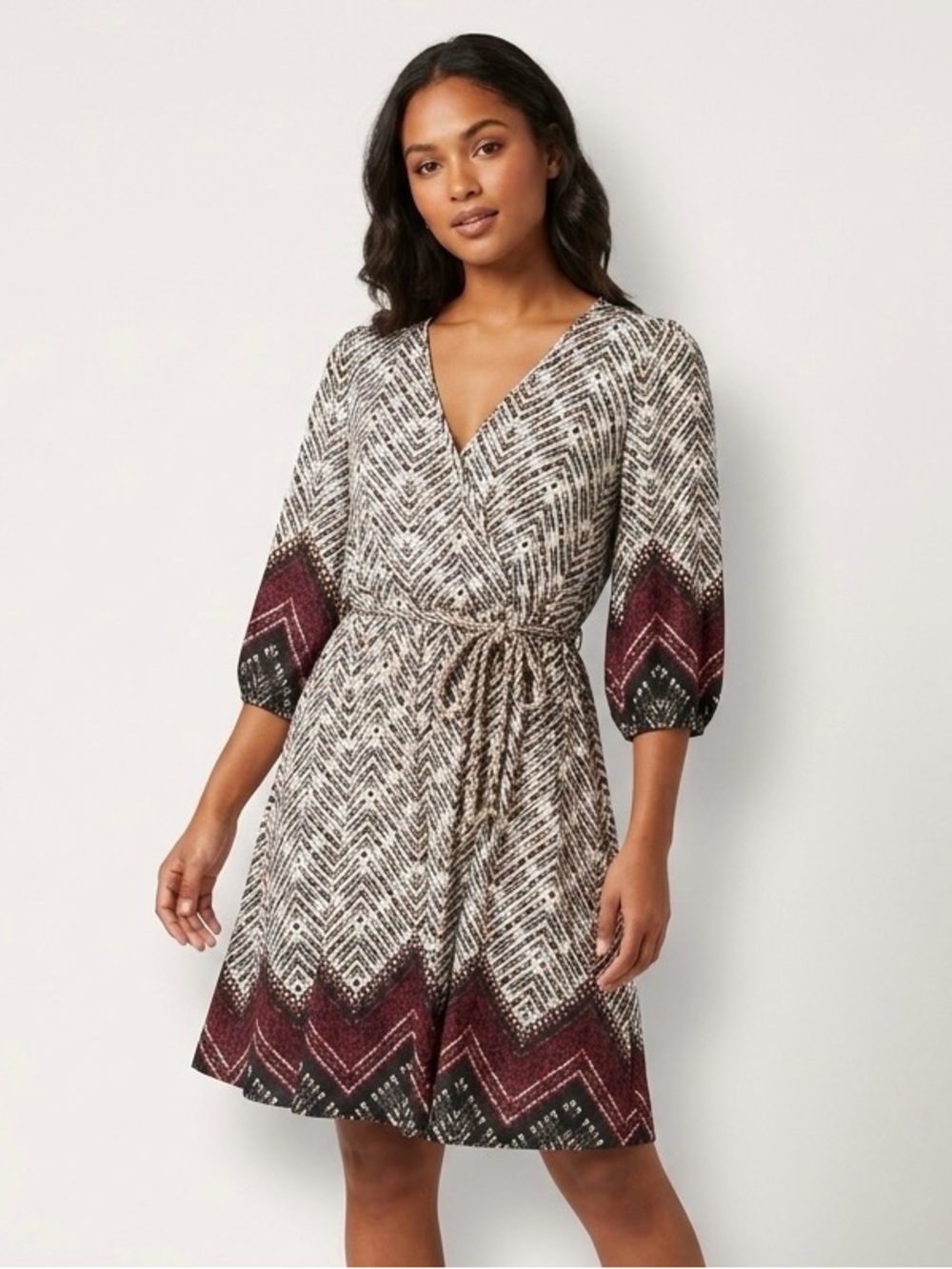 Cato, Printed Wrap-Front Dress in Cream and Burgundy - L